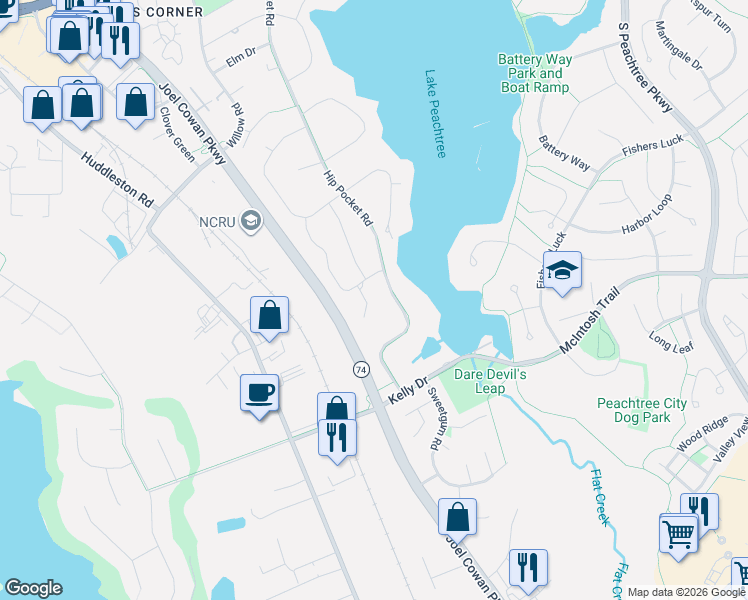 map of restaurants, bars, coffee shops, grocery stores, and more near 1100 Hip Pocket Road in Peachtree City