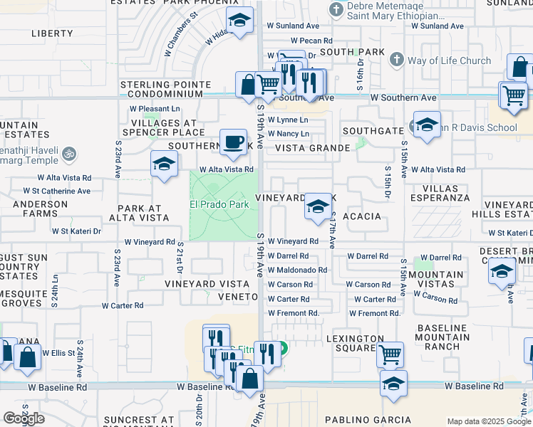 map of restaurants, bars, coffee shops, grocery stores, and more near 1841 West Lydia Lane in Phoenix