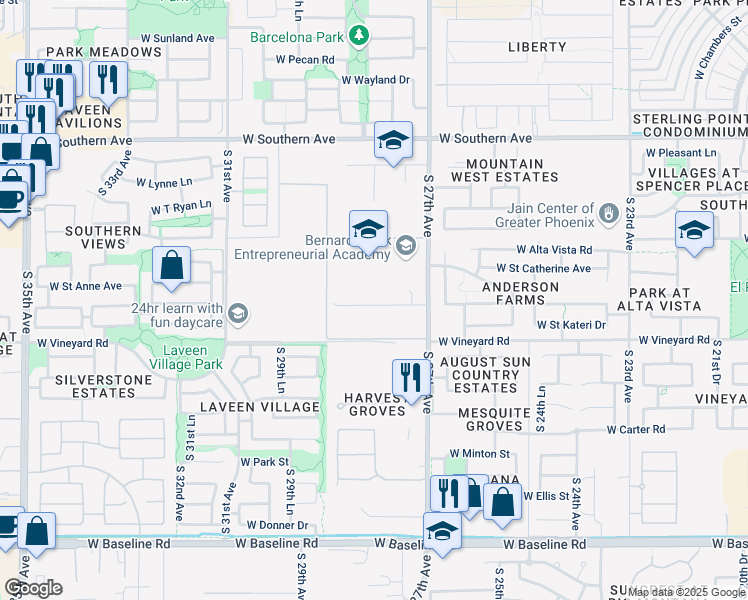 map of restaurants, bars, coffee shops, grocery stores, and more near 6615 South 27th Drive in Phoenix