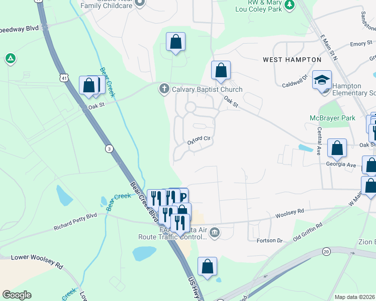 map of restaurants, bars, coffee shops, grocery stores, and more near 204 Oxford Circle in Hampton