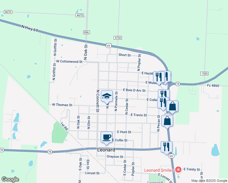 map of restaurants, bars, coffee shops, grocery stores, and more near 200 East Bois D Arc Street in Leonard