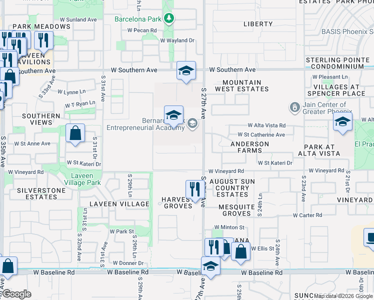 map of restaurants, bars, coffee shops, grocery stores, and more near 6550 South 27th Avenue in Phoenix