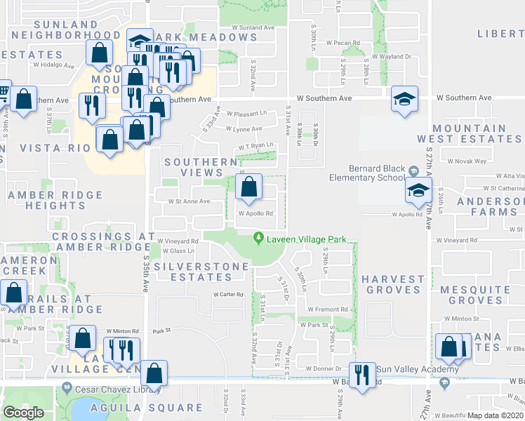 map of restaurants, bars, coffee shops, grocery stores, and more near 3134 West Apollo Road in Phoenix