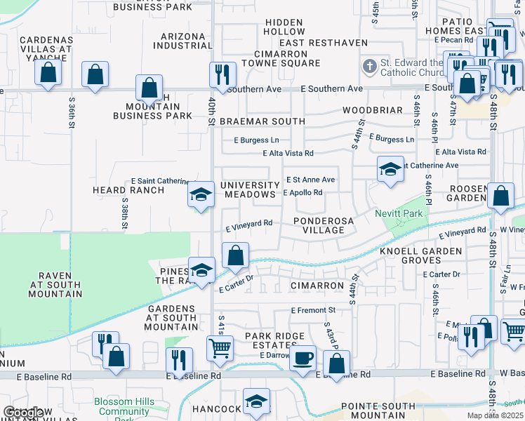 map of restaurants, bars, coffee shops, grocery stores, and more near 4102 East Saint Charles Avenue in Phoenix