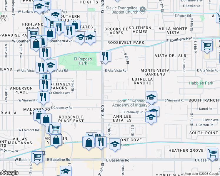 map of restaurants, bars, coffee shops, grocery stores, and more near 6441 South 7th Street in Phoenix