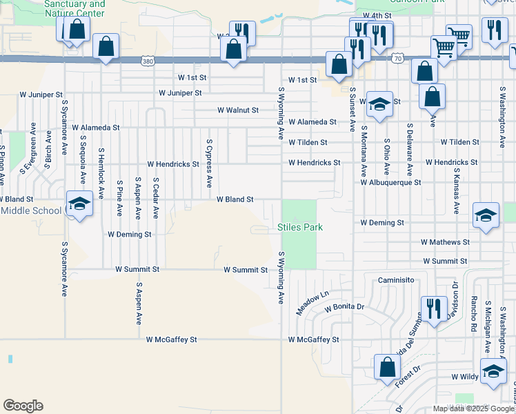 map of restaurants, bars, coffee shops, grocery stores, and more near 502 South Wyoming Avenue in Roswell