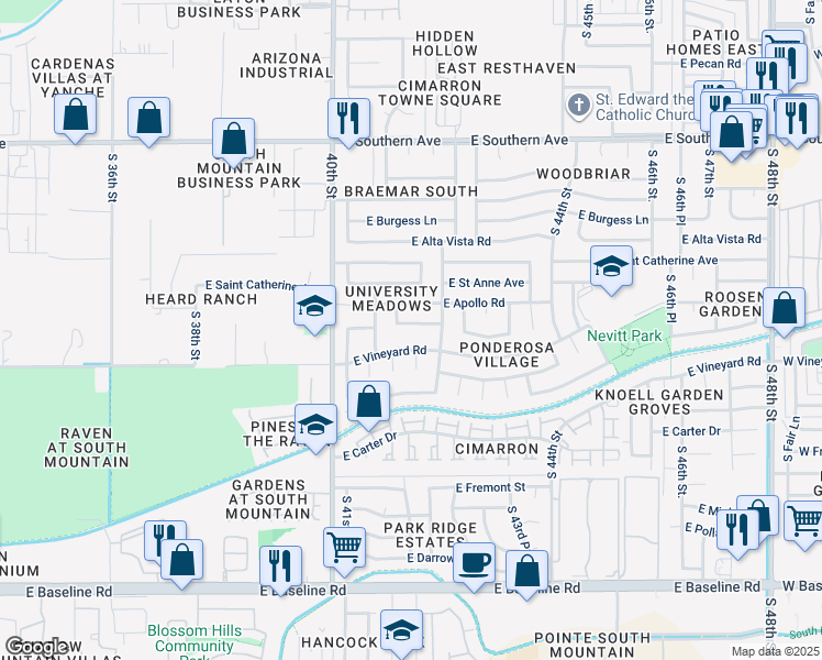 map of restaurants, bars, coffee shops, grocery stores, and more near 4102 East Saint Charles Avenue in Phoenix
