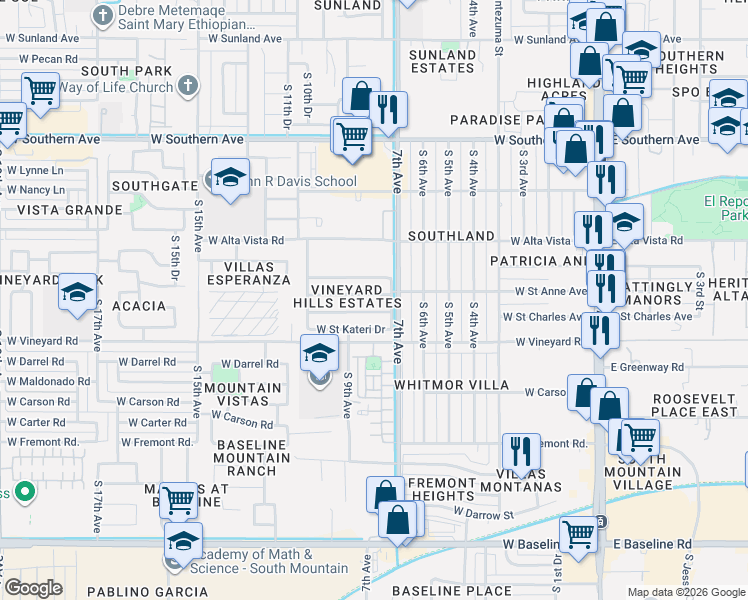 map of restaurants, bars, coffee shops, grocery stores, and more near 803 West Lydia Lane in Phoenix