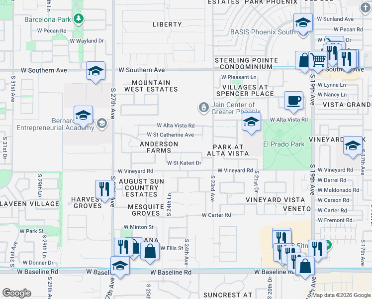 map of restaurants, bars, coffee shops, grocery stores, and more near 2339 West Saint Catherine Avenue in Phoenix