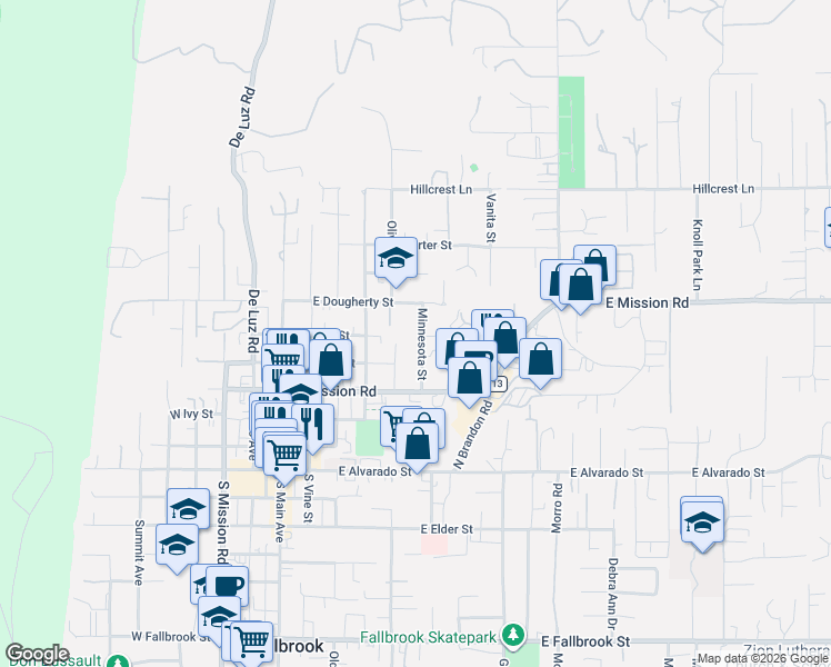 map of restaurants, bars, coffee shops, grocery stores, and more near 634 Minnesota Avenue in Fallbrook