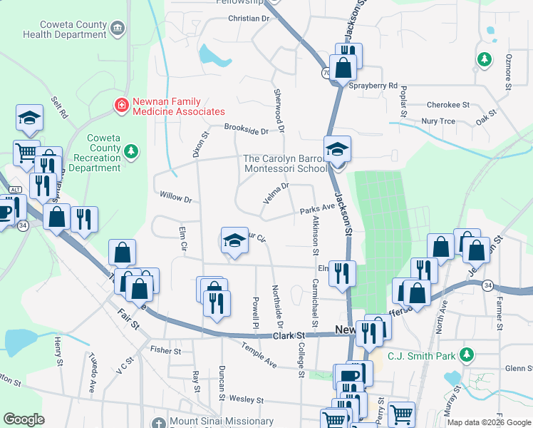 map of restaurants, bars, coffee shops, grocery stores, and more near 21 Parks Avenue in Newnan