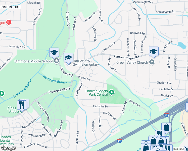 map of restaurants, bars, coffee shops, grocery stores, and more near 1902 Patton Creek Lane in Hoover