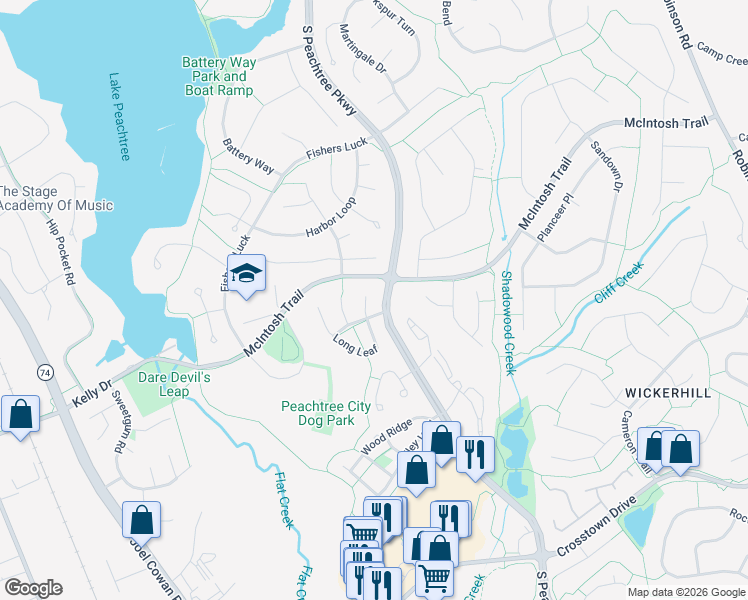 map of restaurants, bars, coffee shops, grocery stores, and more near 204 1st Leaf in Peachtree City