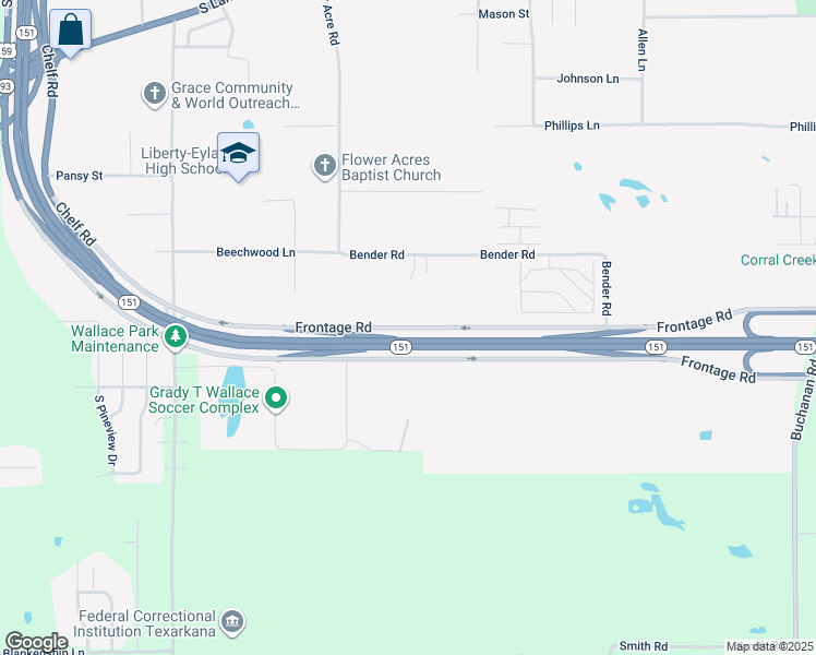 map of restaurants, bars, coffee shops, grocery stores, and more near 158 West Wallace Drive in Texarkana