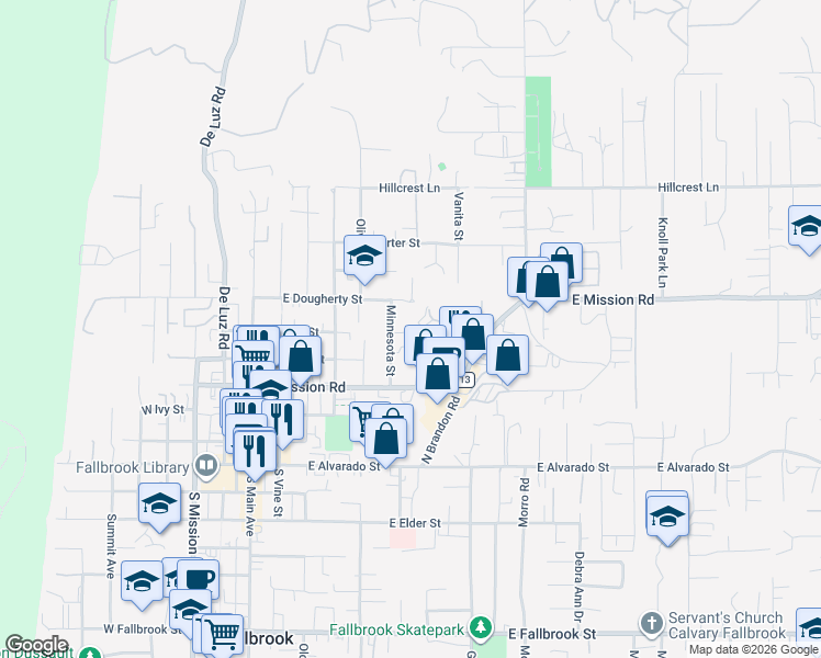 map of restaurants, bars, coffee shops, grocery stores, and more near 639 East Dougherty Street in Fallbrook