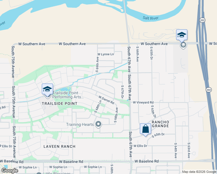map of restaurants, bars, coffee shops, grocery stores, and more near 6507 South 68th Lane in Phoenix