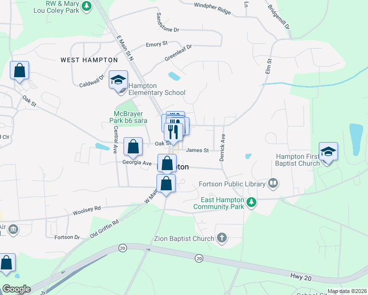map of restaurants, bars, coffee shops, grocery stores, and more near 9 James Street in Hampton