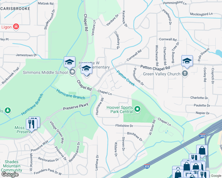 map of restaurants, bars, coffee shops, grocery stores, and more near 1506 Patton Creek Lane in Hoover