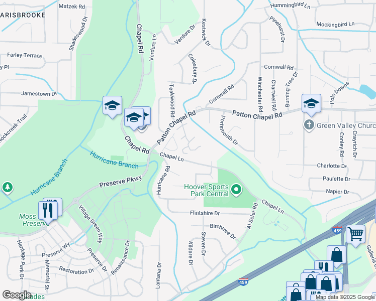 map of restaurants, bars, coffee shops, grocery stores, and more near 1902 Patton Creek Lane in Hoover