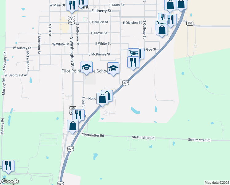 map of restaurants, bars, coffee shops, grocery stores, and more near 1010 U.S. 377 in Pilot Point