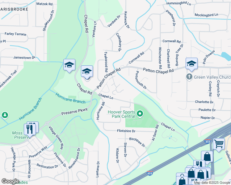 map of restaurants, bars, coffee shops, grocery stores, and more near 1706 Patton Creek Lane in Hoover