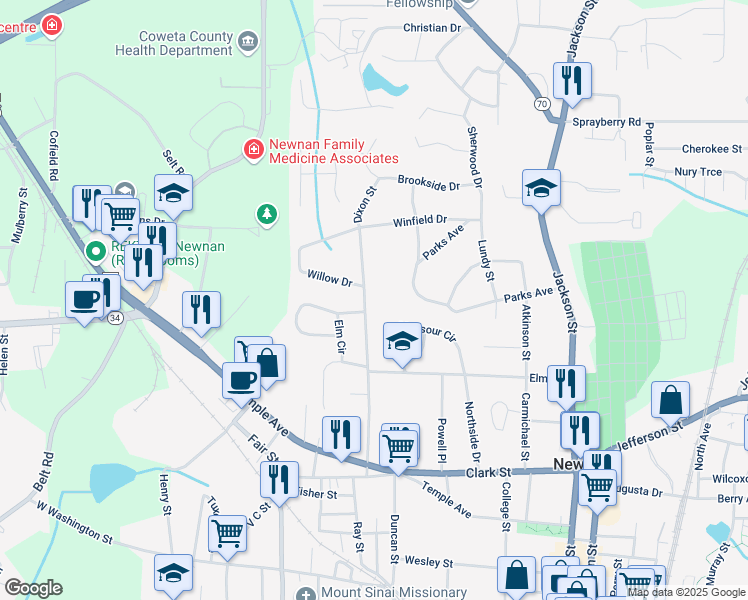 map of restaurants, bars, coffee shops, grocery stores, and more near 47 Dixon Street in Newnan
