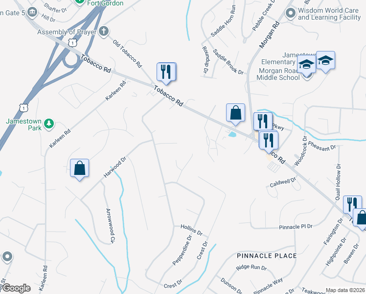 map of restaurants, bars, coffee shops, grocery stores, and more near 2715 Fair Oak Court in Hephzibah