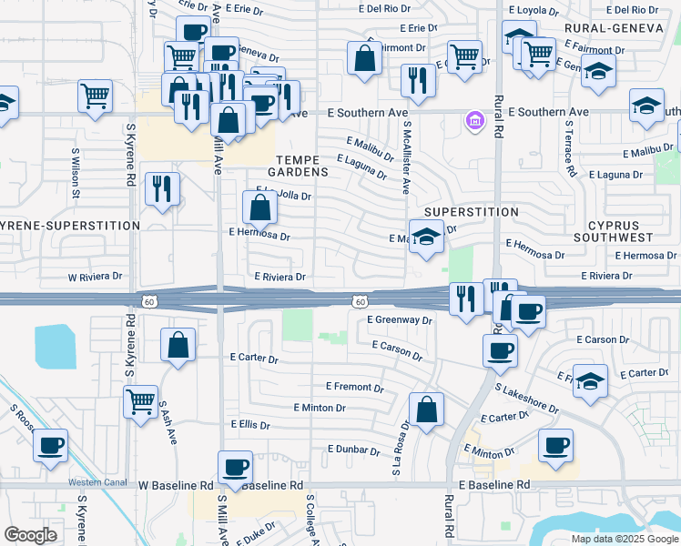 map of restaurants, bars, coffee shops, grocery stores, and more near 325 East Hermosa Drive in Tempe