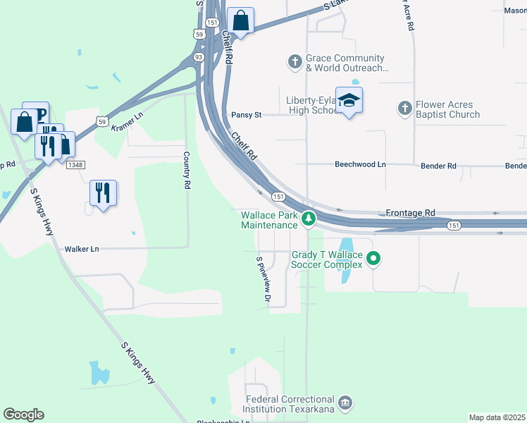 map of restaurants, bars, coffee shops, grocery stores, and more near 18 North Pineview Drive in Texarkana