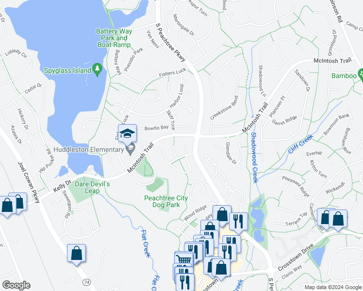 map of restaurants, bars, coffee shops, grocery stores, and more near 207 1st Leaf in Peachtree City