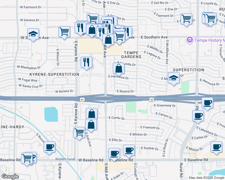 map of restaurants, bars, coffee shops, grocery stores, and more near 4171 South Mill Avenue in Tempe