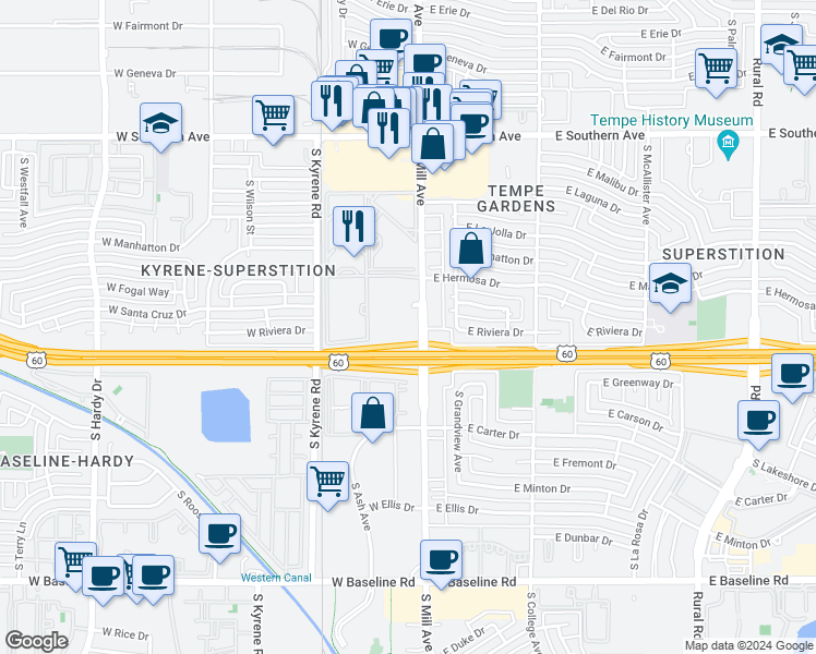 map of restaurants, bars, coffee shops, grocery stores, and more near 4130 South Mill Avenue in Tempe