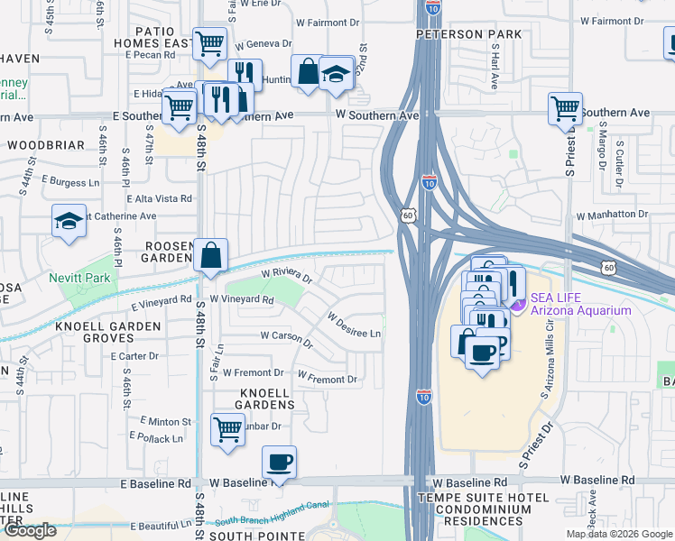 map of restaurants, bars, coffee shops, grocery stores, and more near 2210 West Hermosa Drive in Tempe