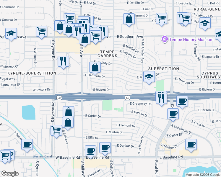 map of restaurants, bars, coffee shops, grocery stores, and more near 158 East Santa Cruz Drive in Tempe