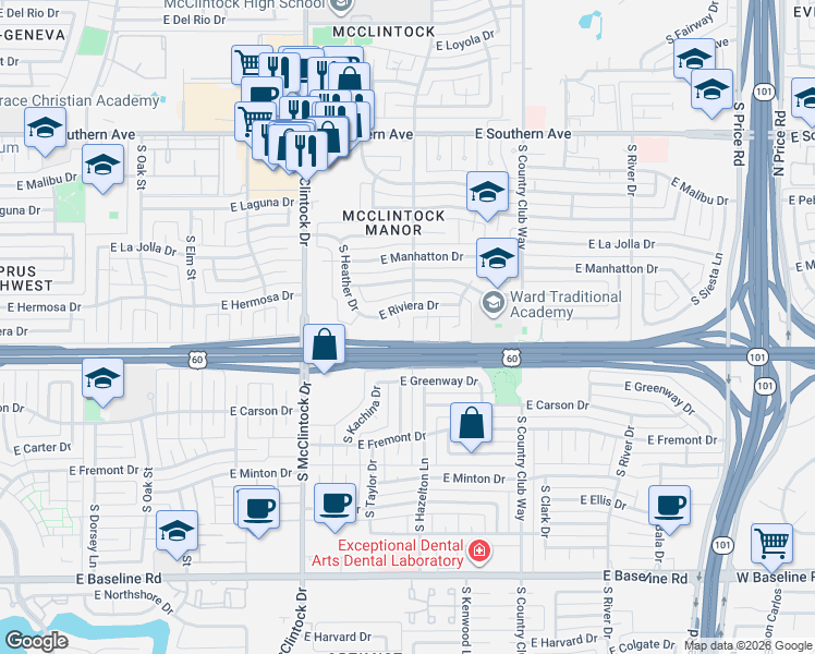 map of restaurants, bars, coffee shops, grocery stores, and more near 1907 East Riviera Drive in Tempe