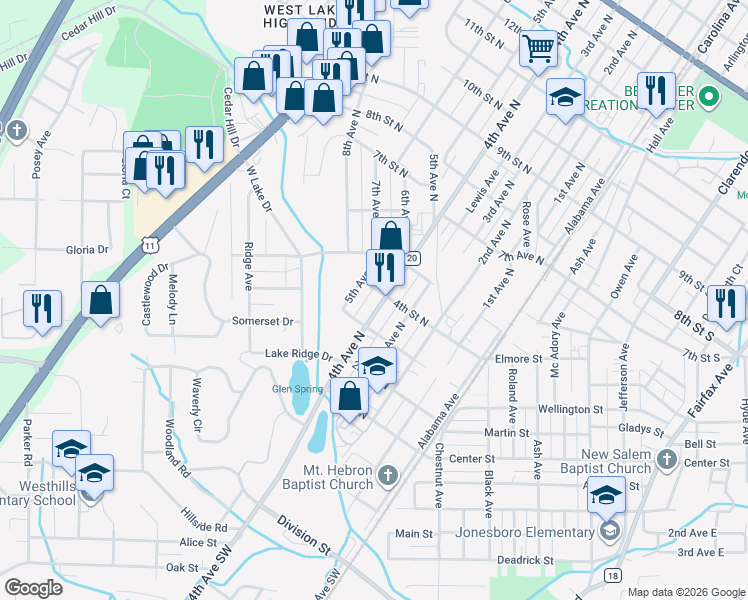 map of restaurants, bars, coffee shops, grocery stores, and more near 326 4th Avenue North in Bessemer