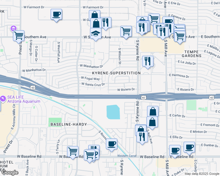 map of restaurants, bars, coffee shops, grocery stores, and more near 605 West Santa Cruz Drive in Tempe