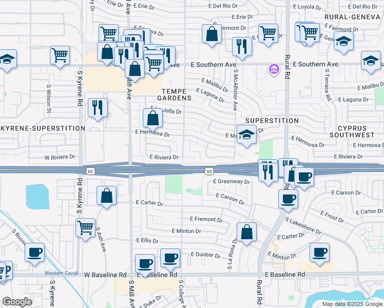 map of restaurants, bars, coffee shops, grocery stores, and more near 325 East Hermosa Drive in Tempe