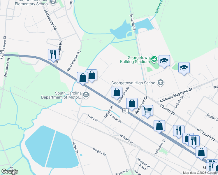 map of restaurants, bars, coffee shops, grocery stores, and more near 2822 Farrelly Street in Georgetown