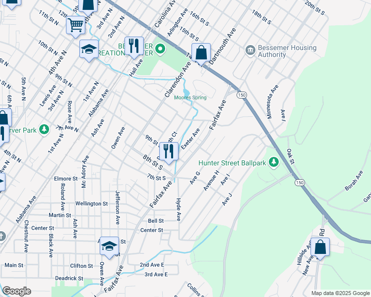 map of restaurants, bars, coffee shops, grocery stores, and more near 909 Exeter Avenue in Bessemer