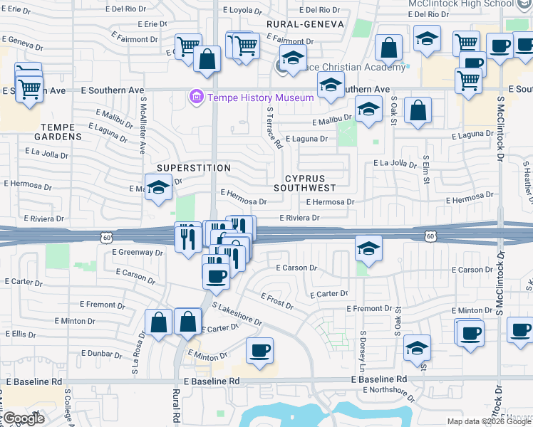 map of restaurants, bars, coffee shops, grocery stores, and more near 1039 East Hermosa Drive in Tempe