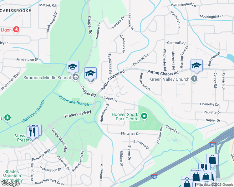 map of restaurants, bars, coffee shops, grocery stores, and more near 1709 Patton Creek Lane in Hoover