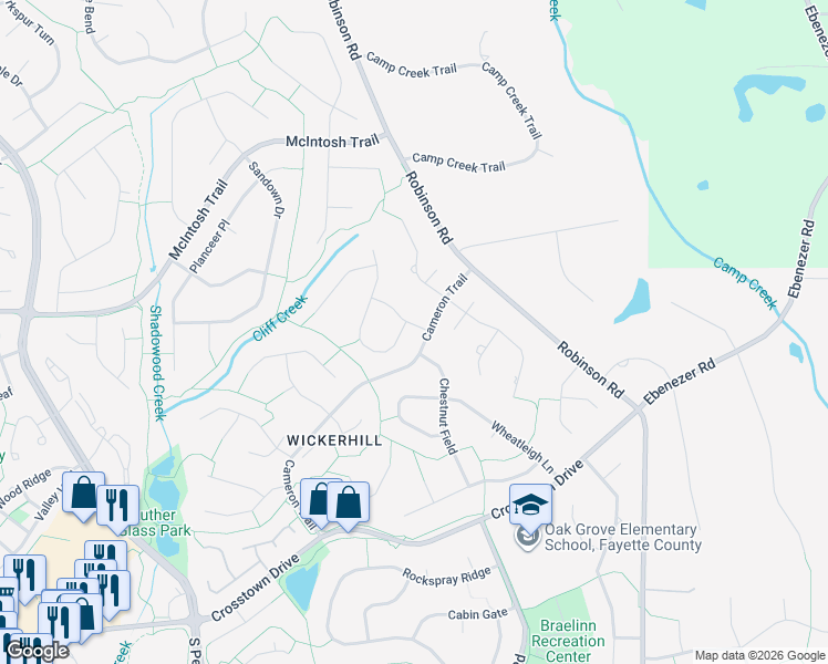 map of restaurants, bars, coffee shops, grocery stores, and more near 102 Burnham Rise in Peachtree City