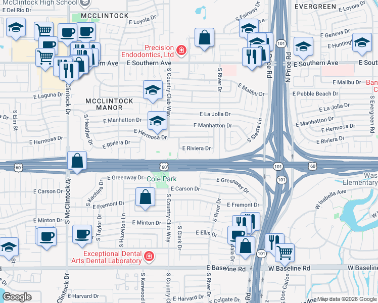 map of restaurants, bars, coffee shops, grocery stores, and more near 2048 East Riviera Drive in Tempe