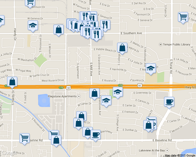 map of restaurants, bars, coffee shops, grocery stores, and more near 4171 South Mill Avenue in Tempe