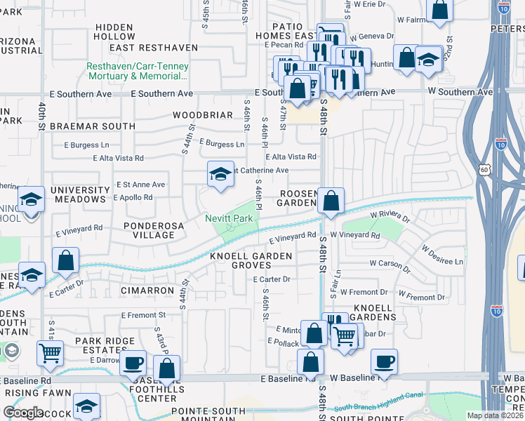 map of restaurants, bars, coffee shops, grocery stores, and more near 6443 South 46th Place in Phoenix