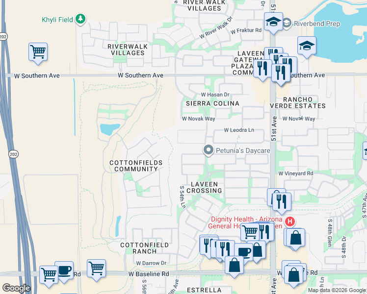 map of restaurants, bars, coffee shops, grocery stores, and more near 5430 West Lydia Lane in Phoenix