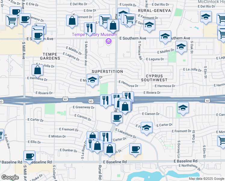 map of restaurants, bars, coffee shops, grocery stores, and more near in Tempe