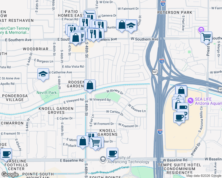 map of restaurants, bars, coffee shops, grocery stores, and more near 2404 West Riviera Drive in Tempe