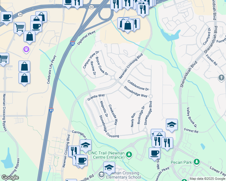 map of restaurants, bars, coffee shops, grocery stores, and more near 289 Granite Way in Newnan